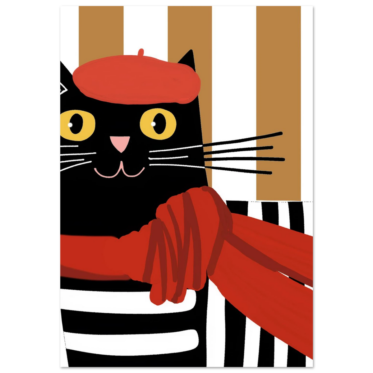 Svart katt med röd basker och röd halsduk, grafisk illustration