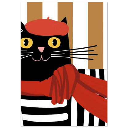 Svart katt med röd basker och röd halsduk, grafisk illustration
