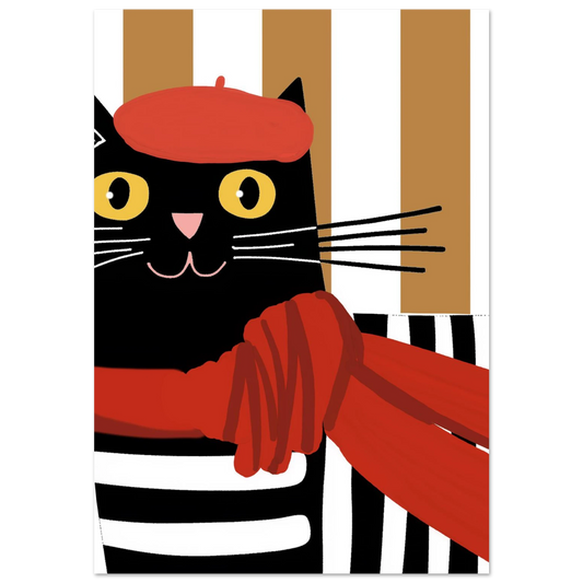Svart katt med röd basker och röd halsduk, grafisk illustration