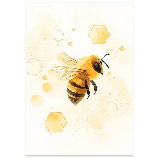 Fluffigt honungsbi i varm akvarellmålning med svävande gula vaxkakor
