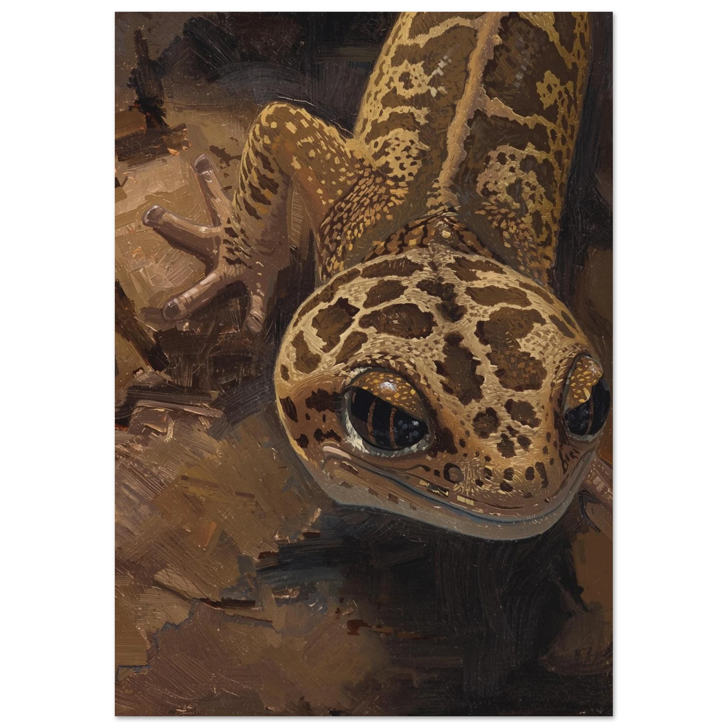 Detaljrik djurposter föreställande en leopardgecko i varma bruna och beige nyanser