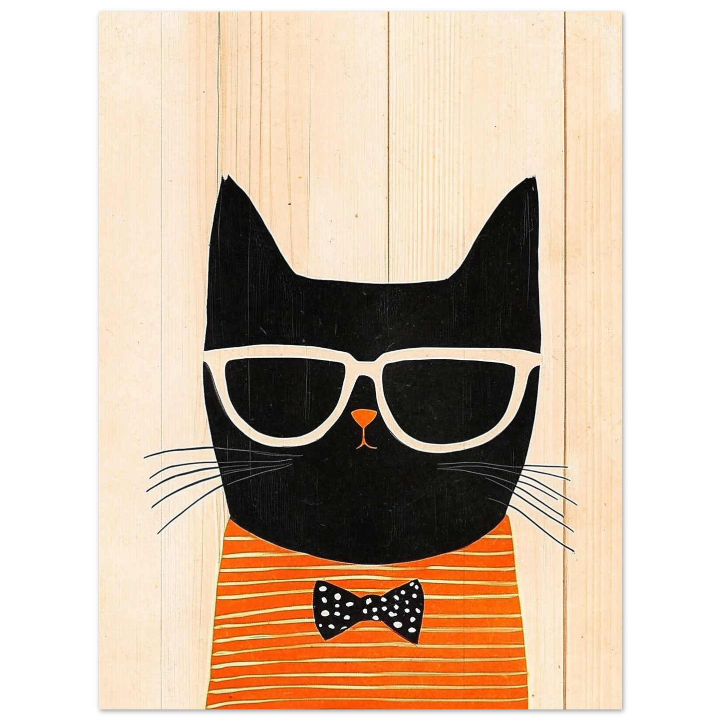Minimalistisk tavla med svart katt i orange kläder och glasögon