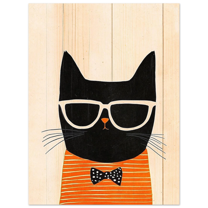 Minimalistisk tavla med svart katt i orange kläder och glasögon