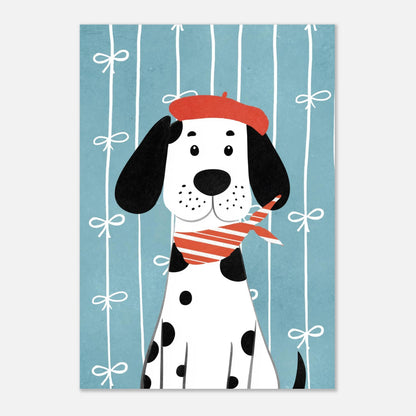 Barnposter med charmig dalmatinerhund i röd basker på blå botten