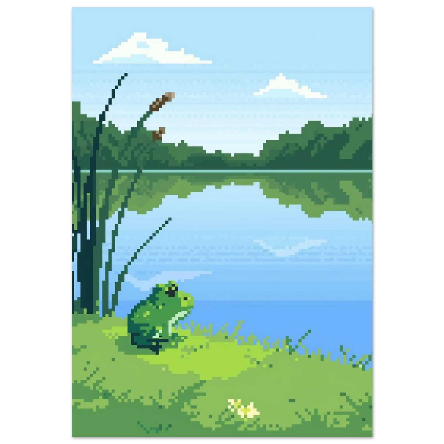 Grön groda vid spegelblank sjö i pixelkonst – nostalgisk djurposter