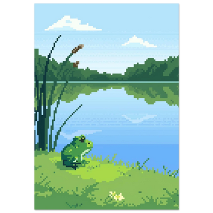 Grön groda vid spegelblank sjö i pixelkonst – nostalgisk djurposter