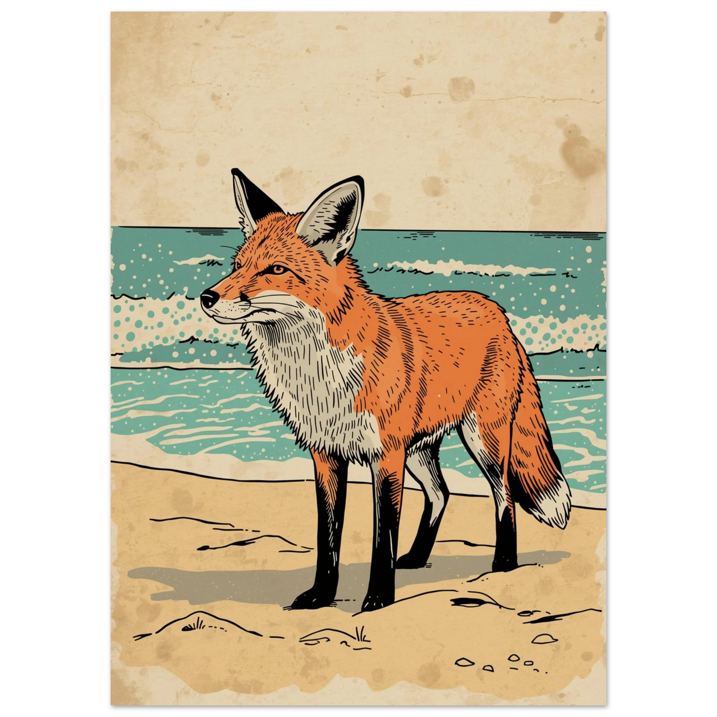 Vintageinspirerad rävposter med strandtema och beige texturerad bakgrund