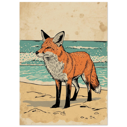 Vintageinspirerad rävposter med strandtema och beige texturerad bakgrund