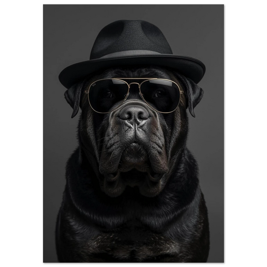 Svart hund i svart hatt och solglasögon mot mörk bakgrund – Fotorealistisk poster