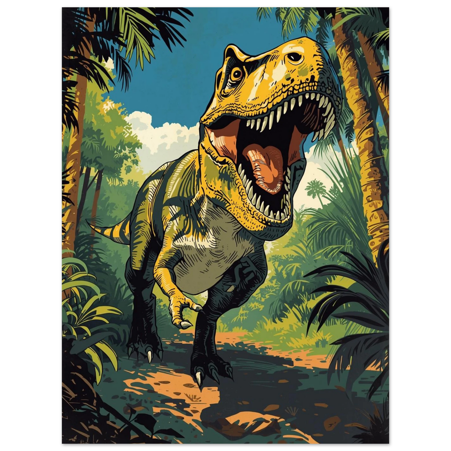 Dinosaurieposter med T-Rex som vandrar genom en antik regnskog