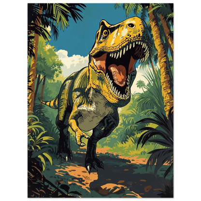 Dinosaurieposter med T-Rex som vandrar genom en antik regnskog