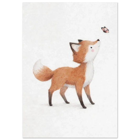 Söt tecknad räv som tittar upp mot en liten fjäril