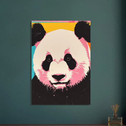 Panda i popkonststil med rosa och svarta detaljer, färgstark bakgrund.