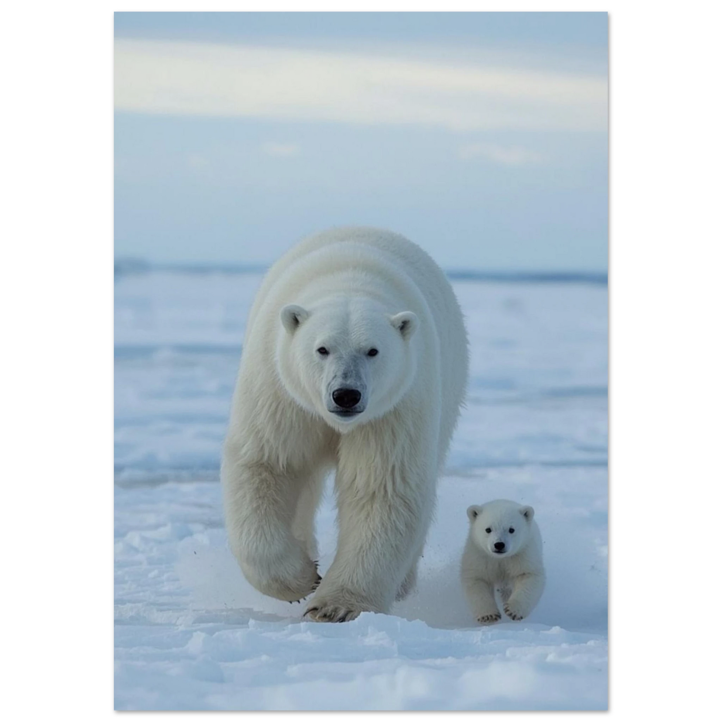 Närbild på en isbjörnsmamma och hennes lilla unge som går sida vid sida i snölandskap – Fotorealistisk Poster