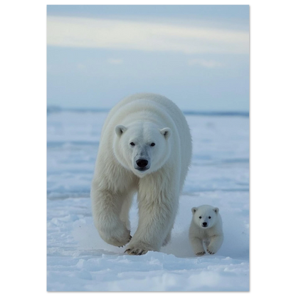 Närbild på en isbjörnsmamma och hennes lilla unge som går sida vid sida i snölandskap – Fotorealistisk Poster