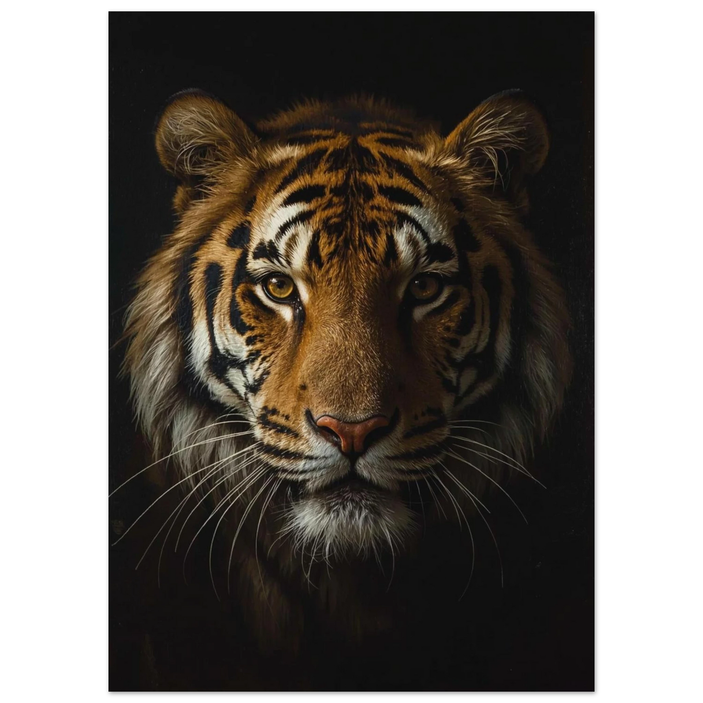 Detaljrik oljemålning av en tiger med gyllene ögon och markerade ränder