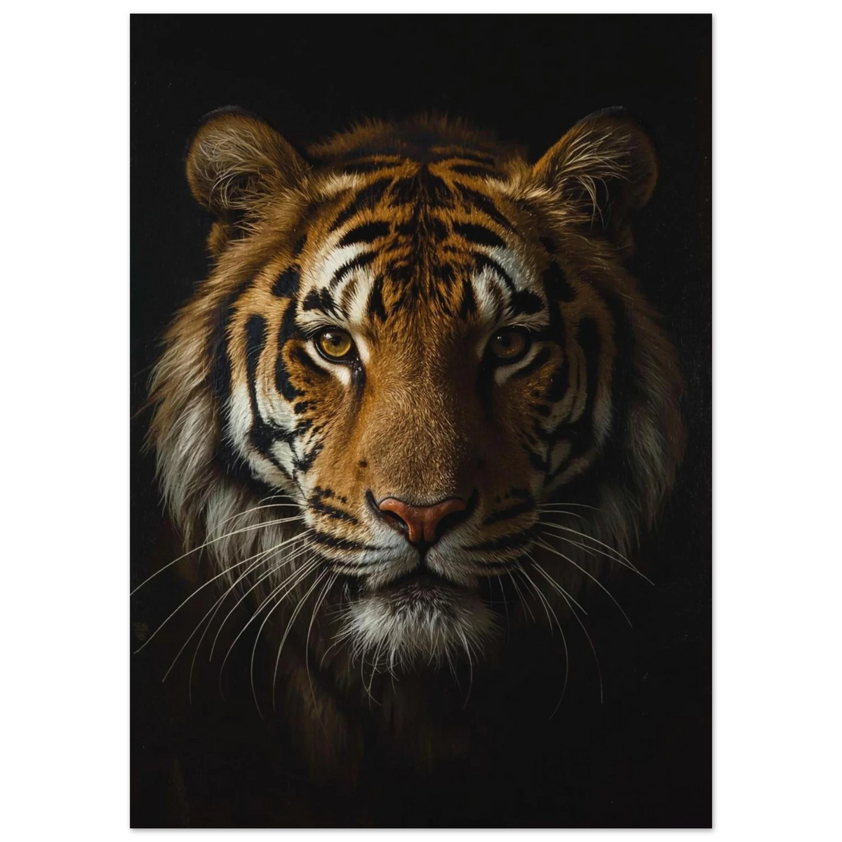 Detaljrik oljemålning av en tiger med gyllene ögon och markerade ränder