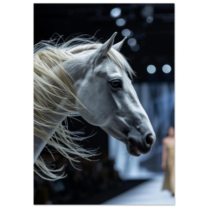 Vit häst med svepande man på mörk catwalk – elegant hästposter