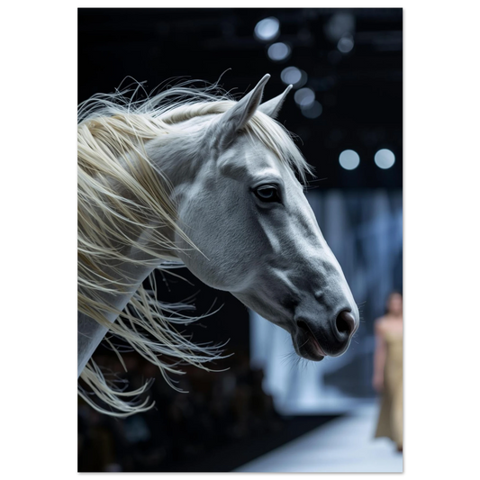 Vit häst med svepande man på mörk catwalk – elegant hästposter