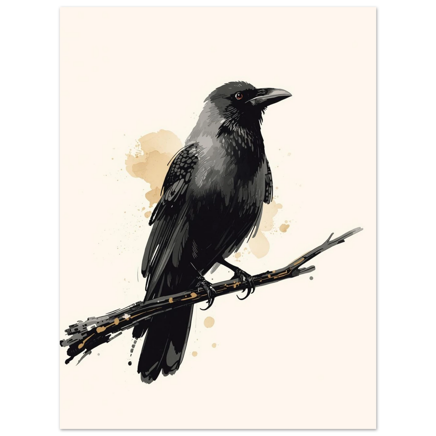 Mörk korp på kvist i digital illustration med akvarelliknande detaljer