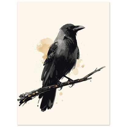 Mörk korp på kvist i digital illustration med akvarelliknande detaljer