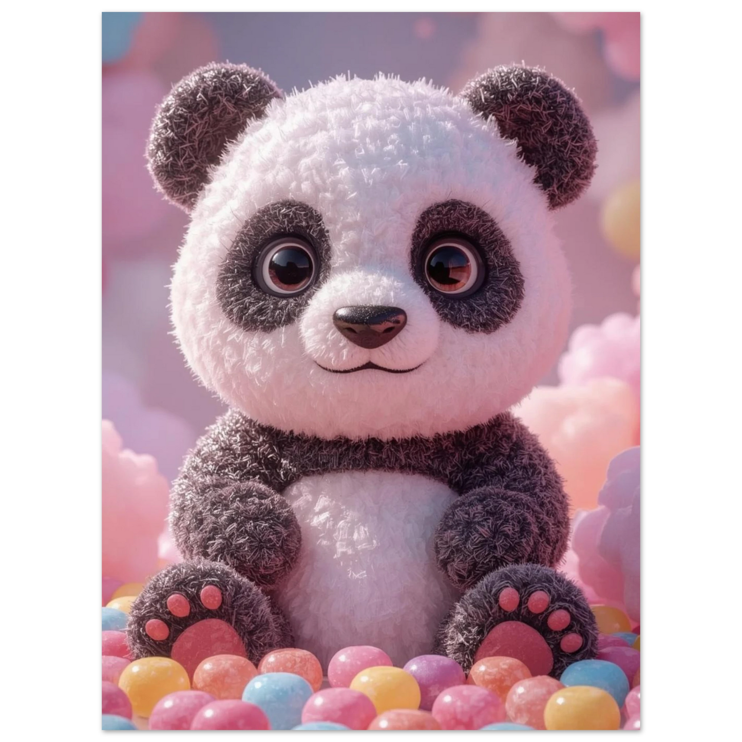 Lekfull djurposter med en panda i en drömvärld av godis