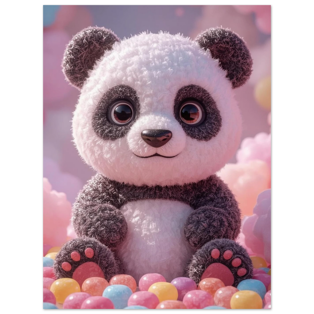 Lekfull djurposter med en panda i en drömvärld av godis
