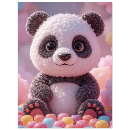 Lekfull djurposter med en panda i en drömvärld av godis