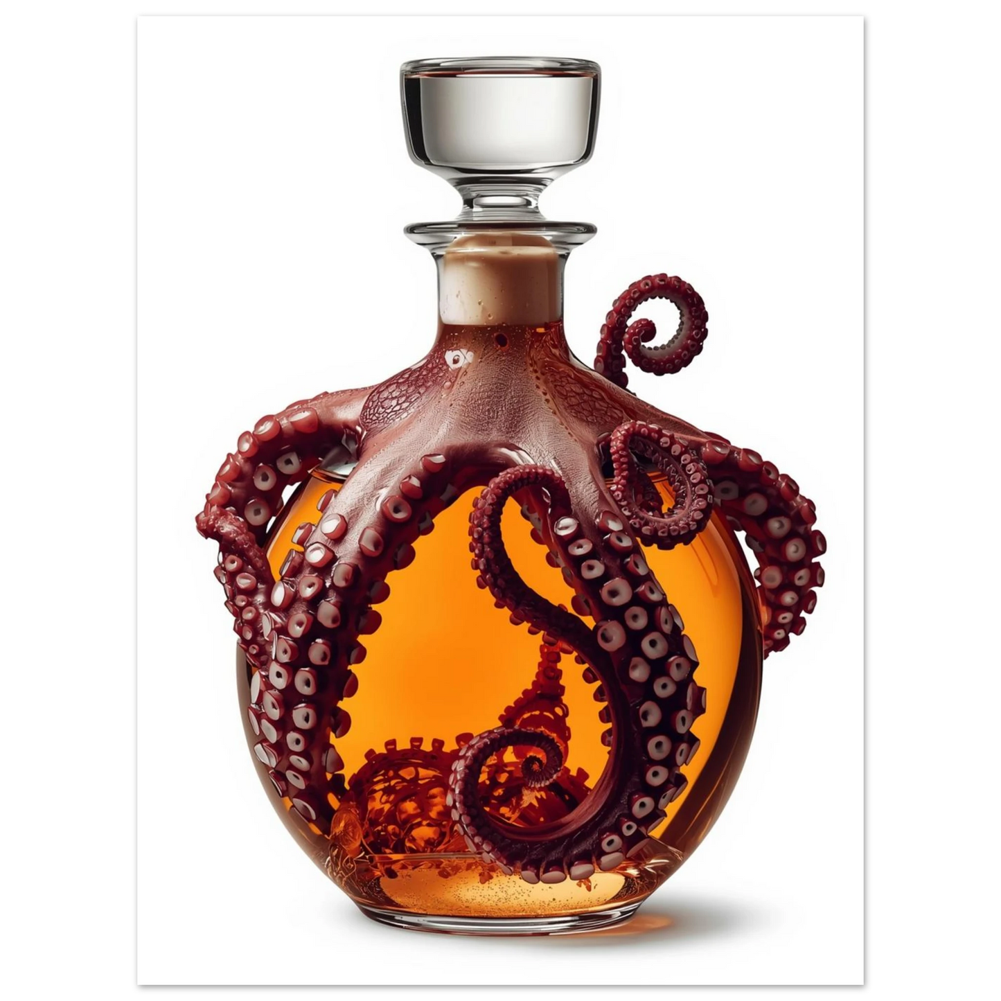 Detaljrik illustration av en djupröd bläckfisk i kontrast mot varm whisky