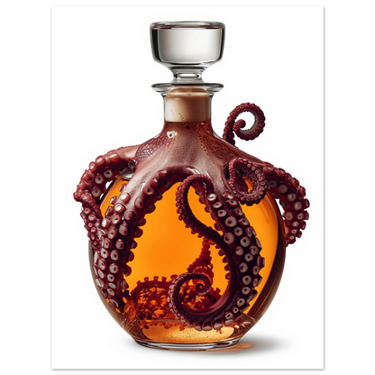 Detaljrik illustration av en djupröd bläckfisk i kontrast mot varm whisky