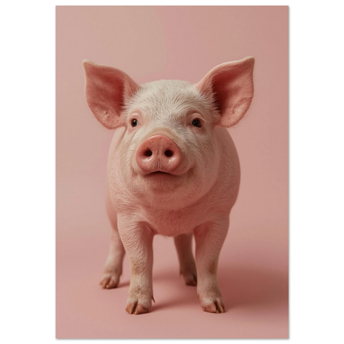 Närbild på en rosa kulting mot ljusrosa bakgrund, fotorealistisk djurposter