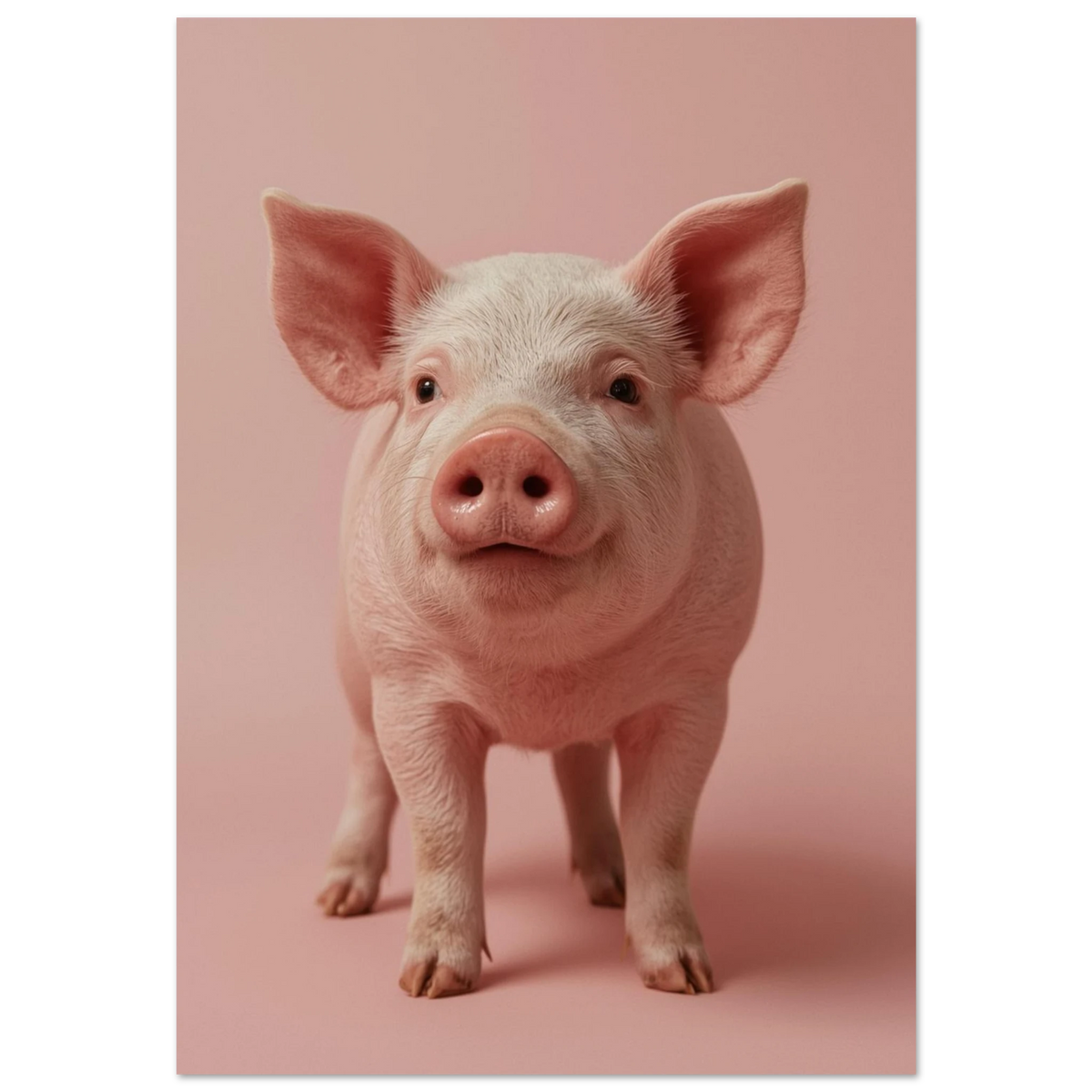 Närbild på en rosa kulting mot ljusrosa bakgrund, fotorealistisk djurposter