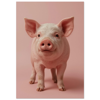 Närbild på en rosa kulting mot ljusrosa bakgrund, fotorealistisk djurposter