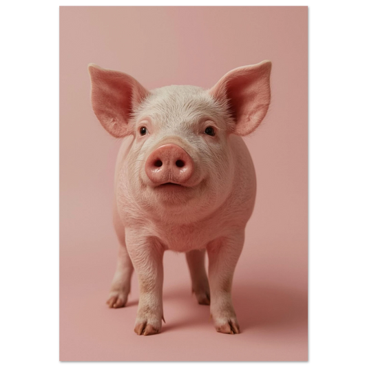 Närbild på en rosa kulting mot ljusrosa bakgrund, fotorealistisk djurposter