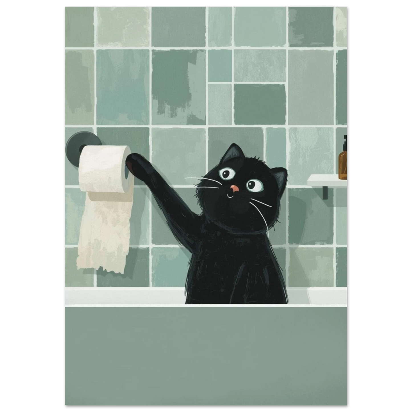 Illustration av svart katt som busar vid badkaret – grönaktig väggkonst
