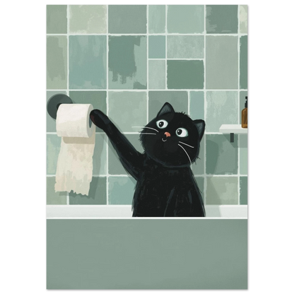Illustration av svart katt som busar vid badkaret – grönaktig väggkonst