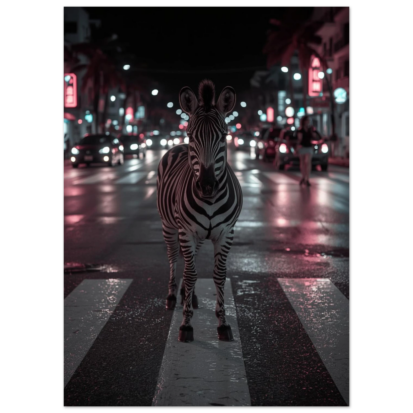 Surrealistisk fotokonst av en zebra mitt i urban trafikmiljö