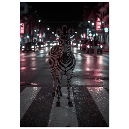 Surrealistisk fotokonst av en zebra mitt i urban trafikmiljö
