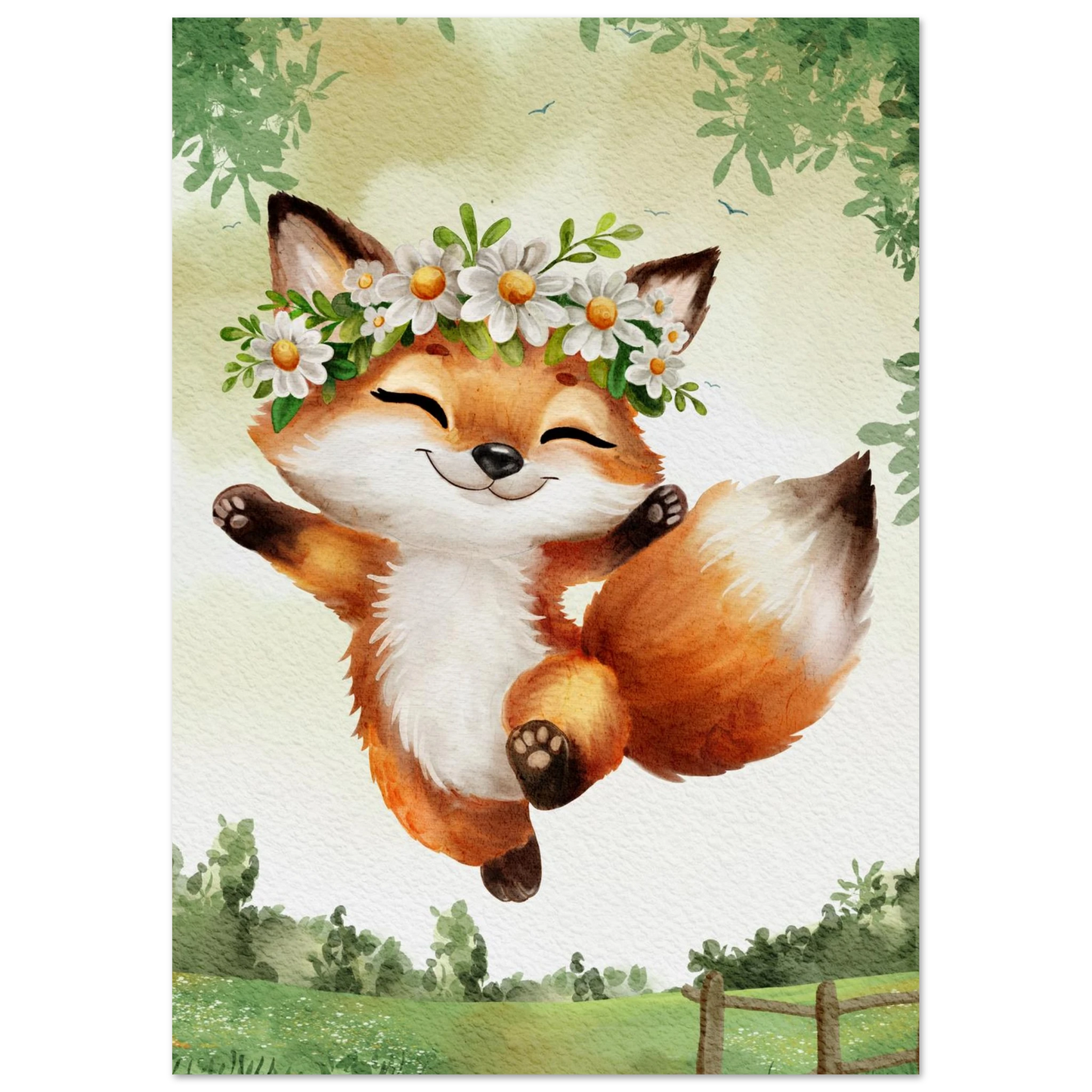 Söt rävunge med fluffig svans och blommor på huvudet – Målad poster