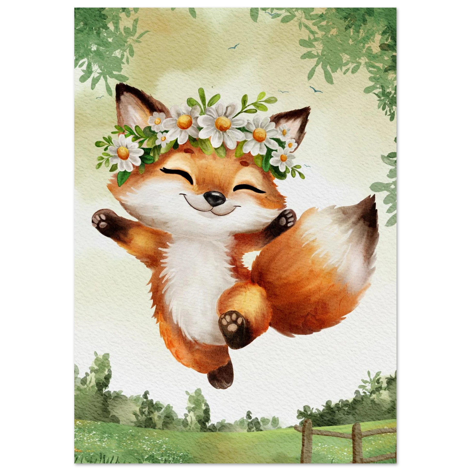 Söt rävunge med fluffig svans och blommor på huvudet – Målad poster