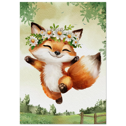 Söt rävunge med fluffig svans och blommor på huvudet – Målad poster