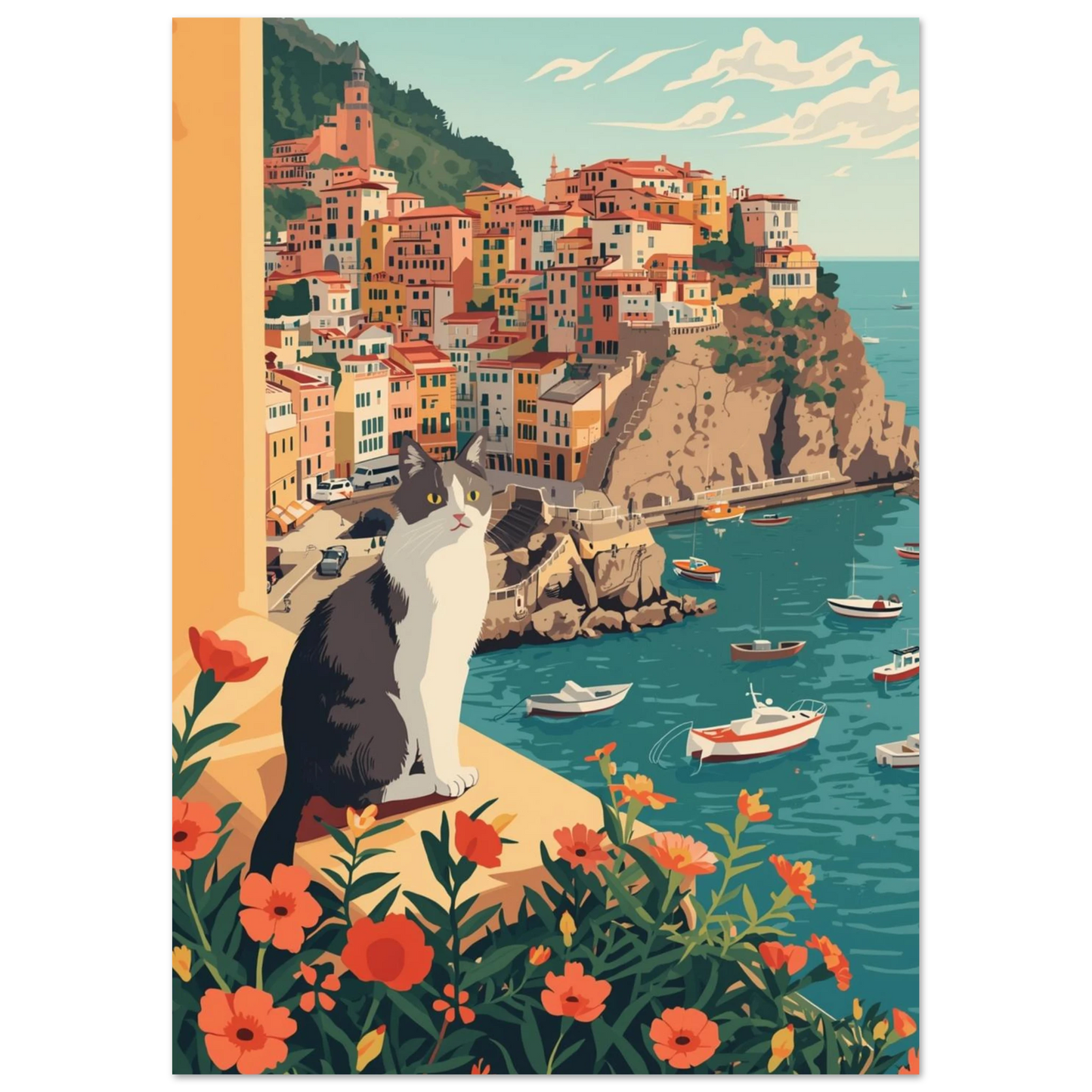 Illustration av katt vid Amalfikusten med röda blommor i förgrunden, väggkonst