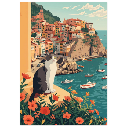 Illustration av katt vid Amalfikusten med röda blommor i förgrunden, väggkonst