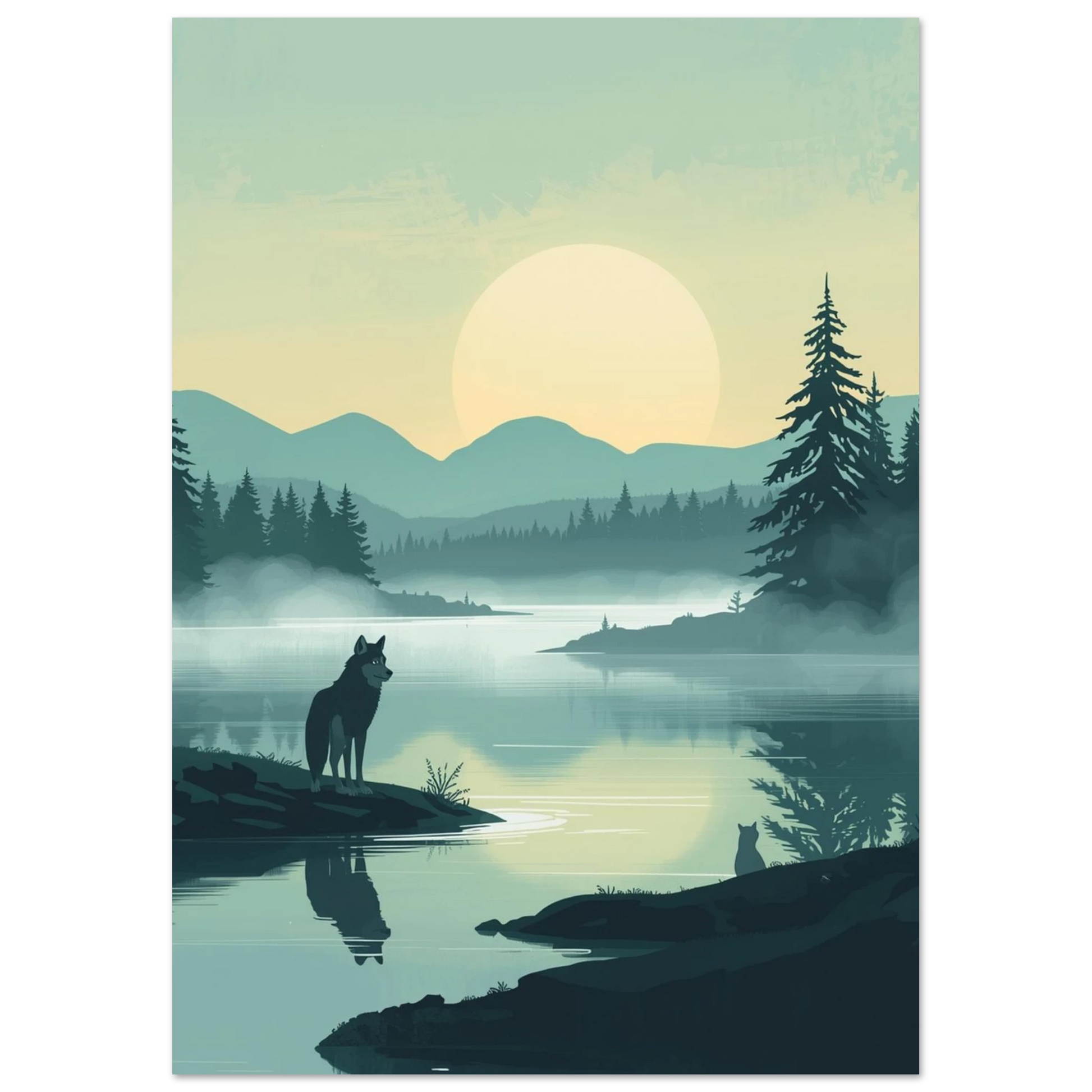 Illustration av en varg i nordisk vildmark vid en skogssjö