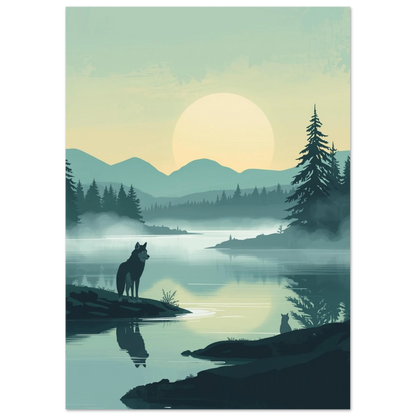 Illustration av en varg i nordisk vildmark vid en skogssjö