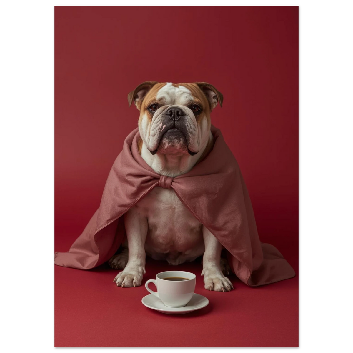 Närbild på bulldogg i rosa drapering och vit kaffekopp fotokonst