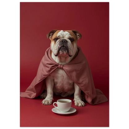 Närbild på bulldogg i rosa drapering och vit kaffekopp fotokonst