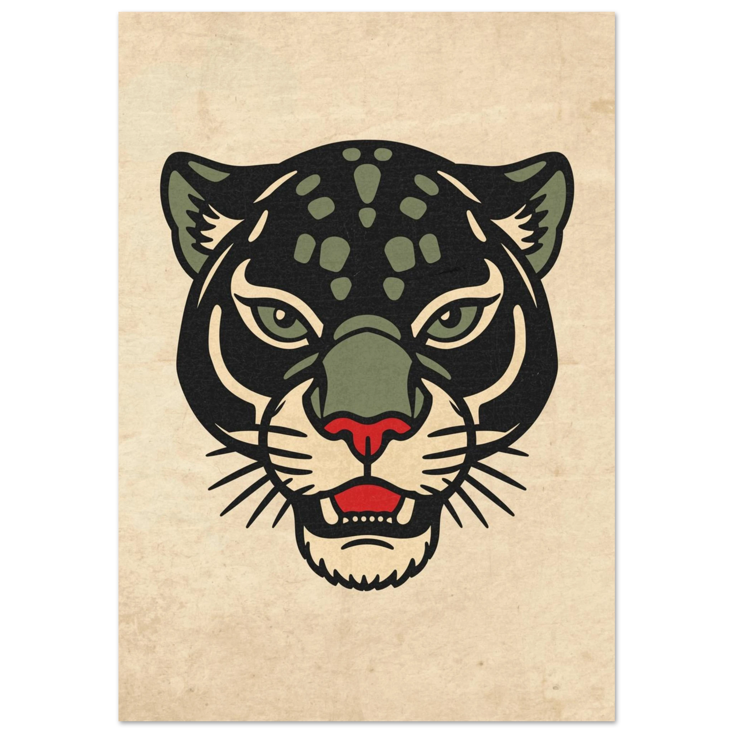 Svart panter i traditionell tatueringsstil mot beige vintagebakgrund – djurposter