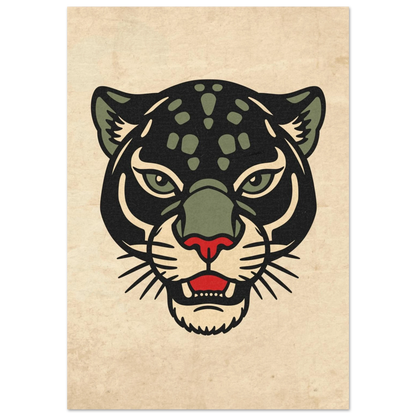 Svart panter i traditionell tatueringsstil mot beige vintagebakgrund – djurposter