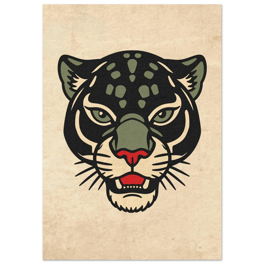 Svart panter i traditionell tatueringsstil mot beige vintagebakgrund – djurposter
